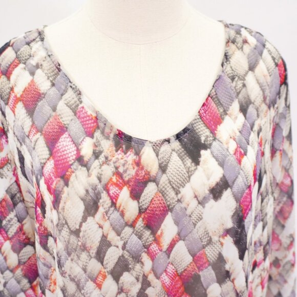 Liz Claiborne Petite PXL Sheer Gray Cream‎ Red Blouse Round Neck Top Long Sleeve - Picture 2 of 9